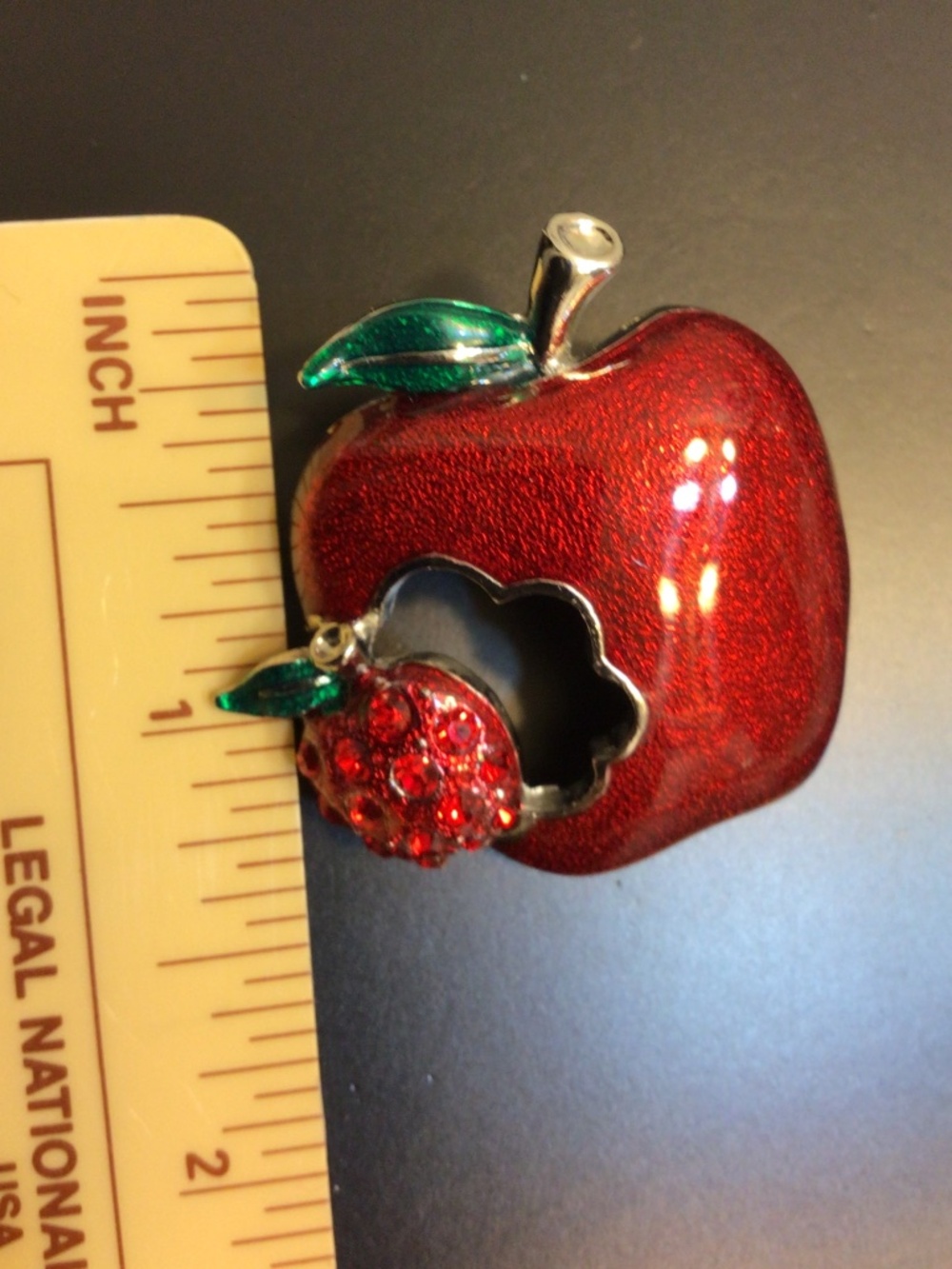 Vintage Red Glitter Guilloche Enamel and Rhinestone Apple Brooch Pin - Picture 13 of 13